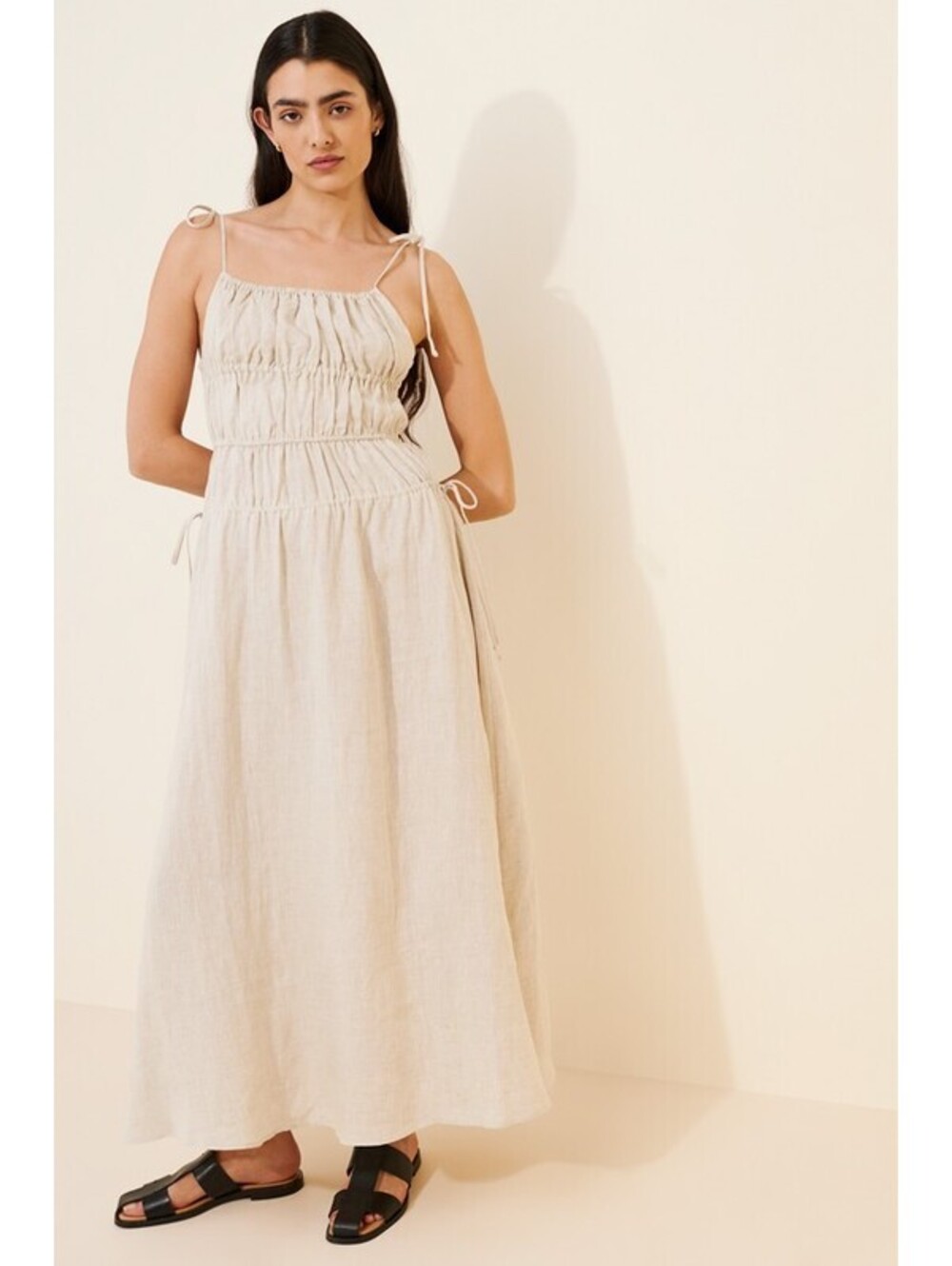 Anthropologie x a.ren - Beige Linen Maxi Dress with Shoulder Ties, Size S